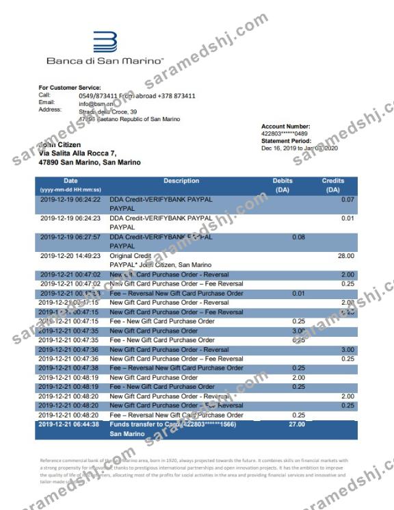 San Marino Banca di San Marino bank statement template, Word and PDF format (.doc and .pdf)